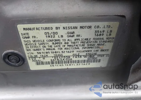 2000 Nissan Sentra Gxe/Xe z USA, uszkodzony, nr VIN 3N1CB51D8YL321629